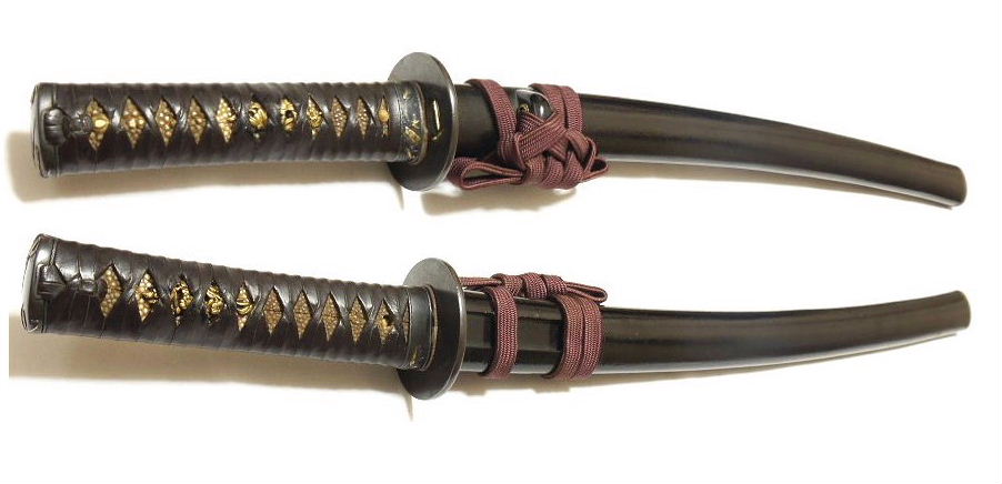 祝い指拵 時代拵】－脇指完全一作拵- *革柄糸/献上鍔/竹図縁頭*49cm前後の刀が